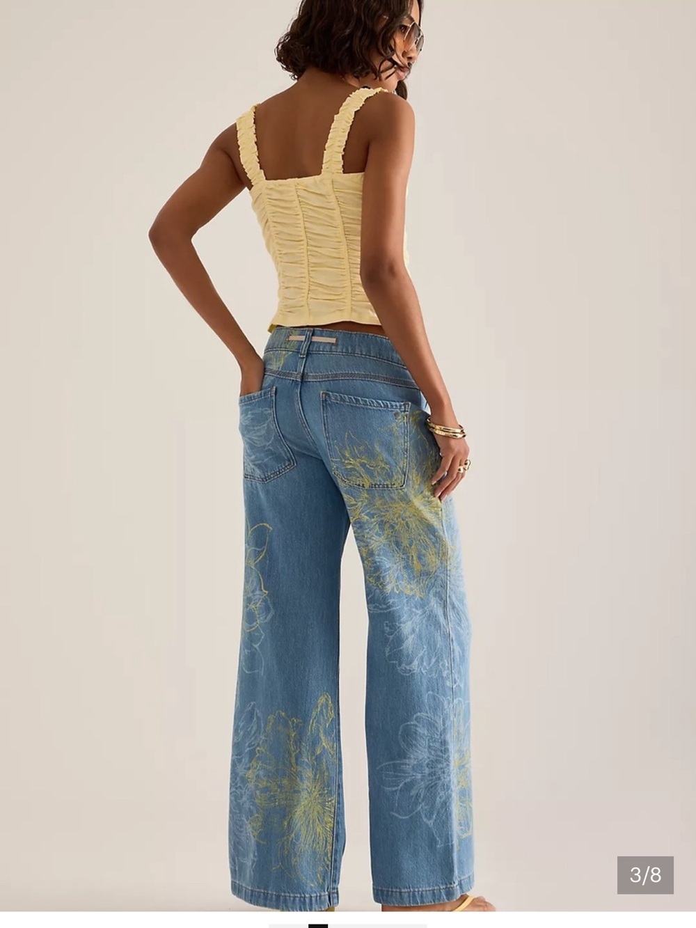 Pilcro Wide-Leg Jeans in Light Blue with Yellow Floral Accents - Picture 2 of 6
